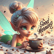 a fairy is laying on a bed holding a cup of coffee