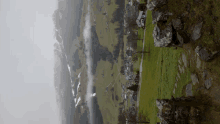 a foggy landscape with a few houses and trees