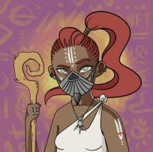 a cartoon of a woman wearing a mask and holding a stick .