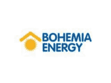 a blue and yellow logo for bohemia energy with a sun and a house .