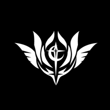 a white symbol with wings and a cross in the middle on a black background .