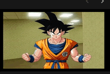 a cartoon of goku from dragon ball z standing in a room with his fists in the air .