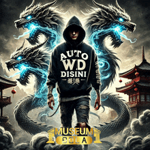 a man wearing a black hoodie that says auto wd disini is surrounded by dragons