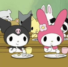 a group of cartoon characters sitting at a table eating food