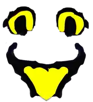 a black and yellow smiley face with a yellow mouth