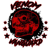 a logo for venom vanguard with a red skull in the center