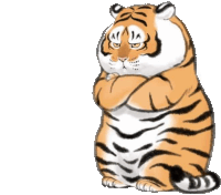 a cartoon drawing of a tiger sitting with its arms crossed