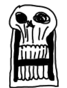 a black and white drawing of a skull with teeth and eyes .