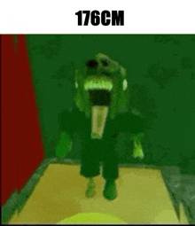 a green monster with a long tongue is standing in a room with a green background .