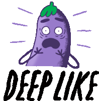 a purple eggplant with a green leaf on top and the words deep like below it