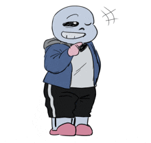 a drawing of a cartoon character with a blue jacket and black shorts