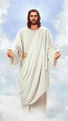 a painting of jesus standing in the clouds with his arms outstretched