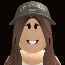 a girl wearing a hat that says los angeles vintage on it