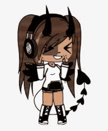 a girl with horns and headphones is wearing a devil costume .