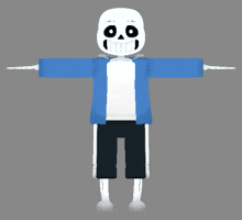 a 3d model of a skeleton wearing a blue jacket and black shorts