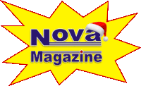 a yellow nova magazine logo with a santa hat