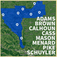 a map showing the names adams brown calhoun cass mason menard pike schuyler