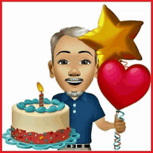 a man is holding a heart shaped balloon next to a birthday cake .