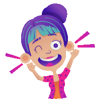 a cartoon illustration of a girl with purple hair and a bun