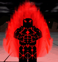 a silhouette of a person with red flames behind them