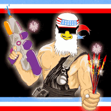 a cartoon of a bald eagle holding a water gun