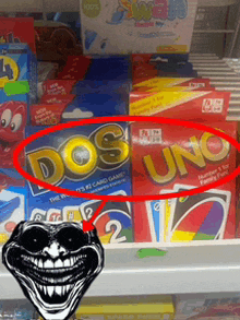 a troll face is standing in front of a display of uno cards and dos uno cards