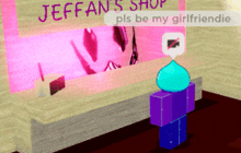 a person standing in front of a sign that says jeffans shop