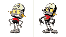 a cartoon drawing of a robot with a skull on its head