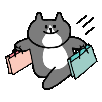 a cartoon cat is holding a pink and a blue bag