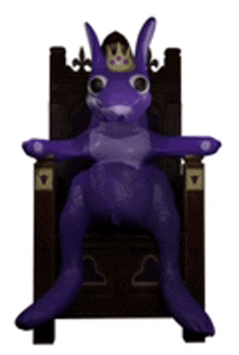 a purple stuffed rabbit is sitting on a throne with a crown on its head .