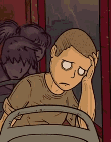 a cartoon of a man driving a bus with a ghost in the background