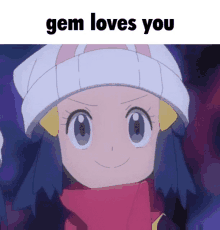 a picture of a girl with the words " gem loves you " above her