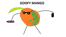 a drawing of a goofy mango with sunglasses and a cell phone