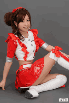 a girl in a red and white outfit is sitting on the floor with the word circuit star on the bottom