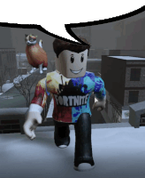 a roblox character wearing a fortnite shirt is walking down a street