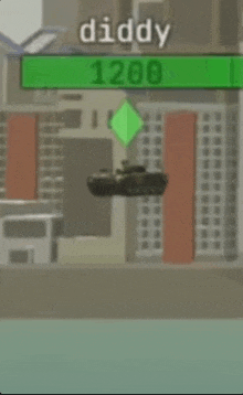 a tank is flying in front of a building with the name diddy written above it