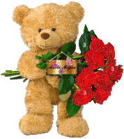 a teddy bear is holding a bouquet of red roses and a sign that says aroli mejia