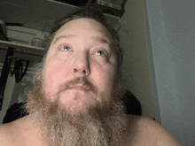 a man with a beard and blue eyes looks up at the camera