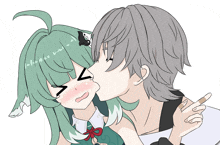 a drawing of a girl with green hair kissing a boy with gray hair