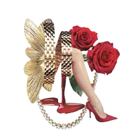 a woman 's leg is surrounded by red roses and a gold bracelet