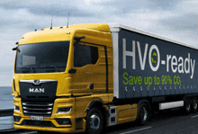 a man truck with a trailer that says hvo-ready save up to 90 % co2