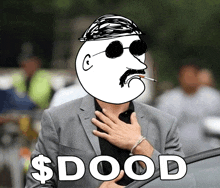 a man in a suit is smoking a cigarette and has the word dood on his face