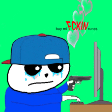 a cartoon character is holding a gun in front of a computer screen with the words buy my fcking runes above him