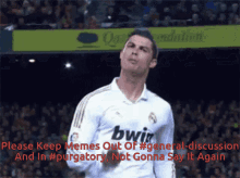 a picture of a soccer player with the words " please keep memes out of #general-discussion and in #purgatory "