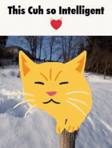 a yellow cat is sitting on a tree stump in the snow with a heart in the background .