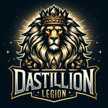 a logo for dastillion legion with a lion with a crown on his head