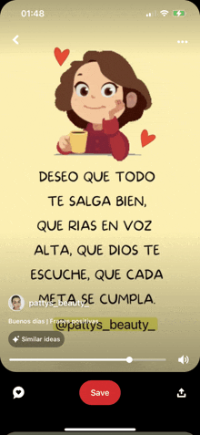 a phone screen shows a cartoon of a girl holding a cup of coffee and the words deseo que todo te salga bien