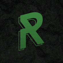 a green letter r is on a black background with green letters