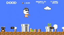 a video game screen shows a man with sunglasses and a mustache and says dood on the top left