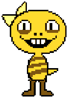 a pixel art drawing of a yellow cartoon character with a bow on its head .